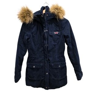 Hollister Y2K Navy Blue Hooded Utility Coat Sherpa Lined Jacket Women's Size M